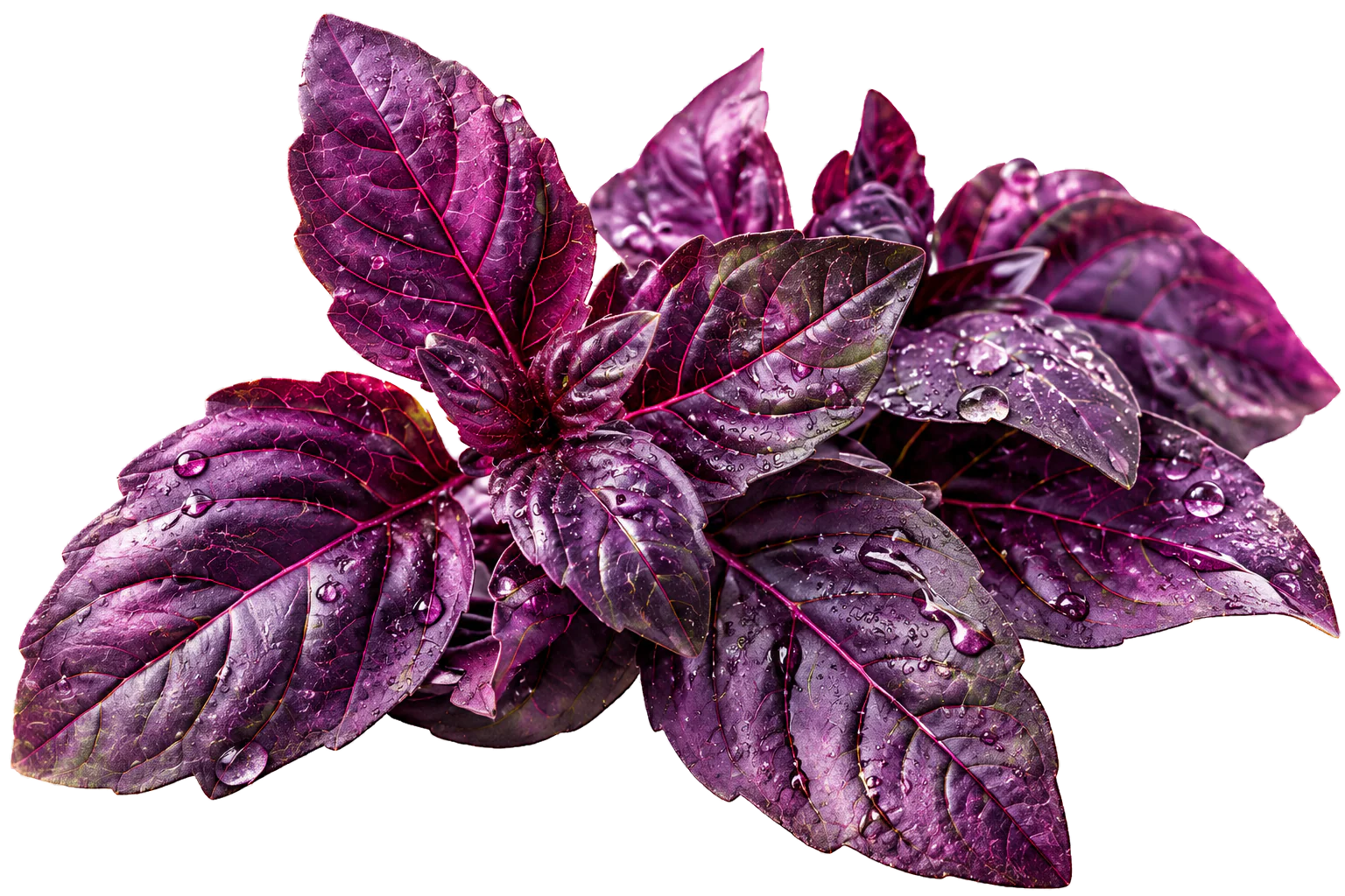 Cluster of purple basil leaves covered in water droplets