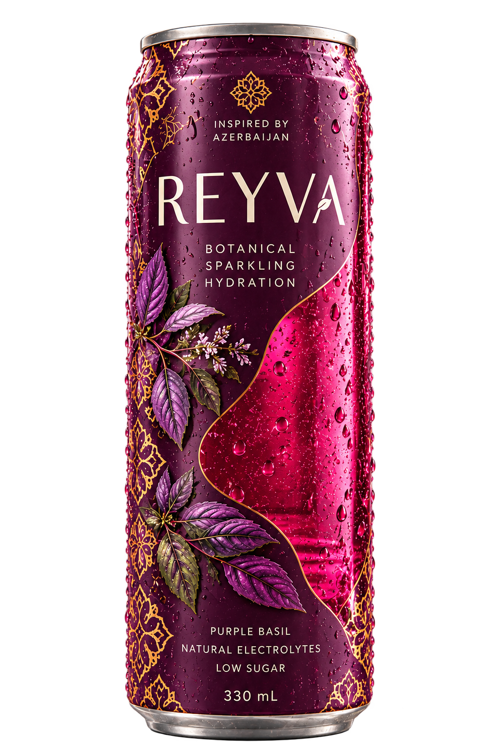 REYVA can with deep aubergine print, gold ornament, purple basil and a ruby-magenta liquid window, covered in condensation