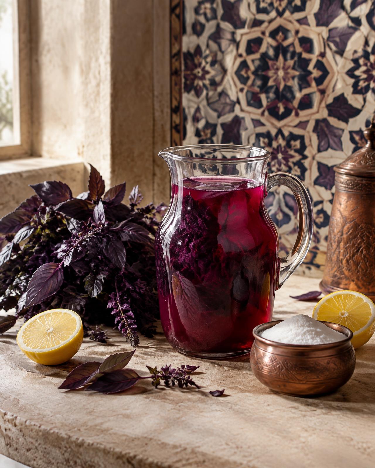 Glass jug of ruby basil infusion with purple basil, lemon and sugar on limestone